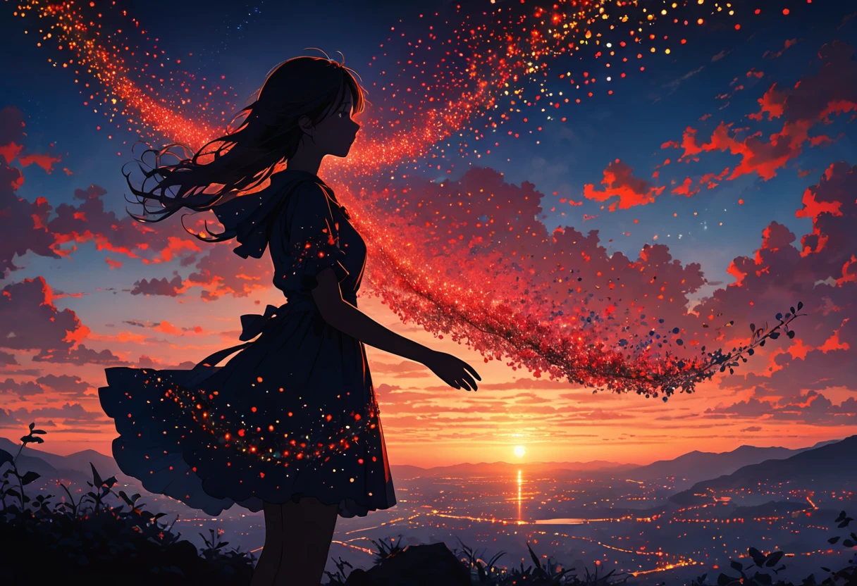 The image depicts a silhouette of a person standing against a stunning sunset background. The sky changes from a deep red near the horizon to a deep blue as it ascends. The person appears to be enveloped in a series of tiny glowing fairy lights, some of which are illuminated, creating a stunning and captivating contrast to the dark silhouette. The person appears to be holding out one arm, perhaps adjusting to or interacting with the lights. The overall mood of the image is peaceful and magical.
