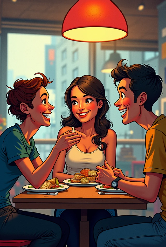 3 people talking siting inside a restaurant, food, happy faces, comic style, highly detailed