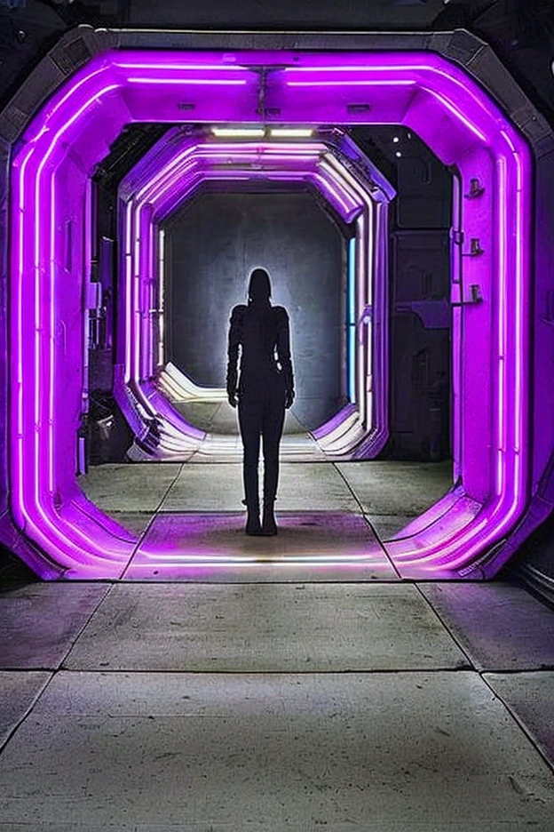 Create a hyper-realistic image of a tall, narrow silhouette of a person standing in a futuristic doorway. The scene is lit by three tall, vertical purple neon lights, casting a bright, even light that forms a stark contrast to the surrounding darkness. The figure is centered and silhouetted against the light, creating a mysterious and supernatural effect. The overall atmosphere is moody and engaging, set in a sci-fi environment with a purple and black color scheme.