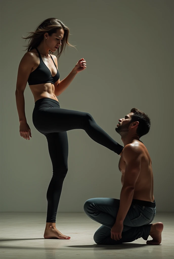 A sexy girl with leggings kicks a boy in the balls 