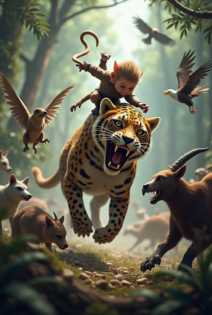 Make a picture of a small monkey riding a jaguar fighting a fox,a bat,a goat and an eagle with maximum fidelity
