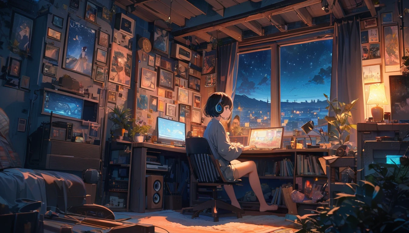One beautiful girl, alone, A gentle smile, ((short hair)), Black Hair, blue eyes, Beautiful depiction,sitting in front of a computer in a cozy bedroom, Listen to music in a cozy room (night), Use headphones, On the roof, (beautiful night views from windows), Lots of things,Very detailed, Surreal