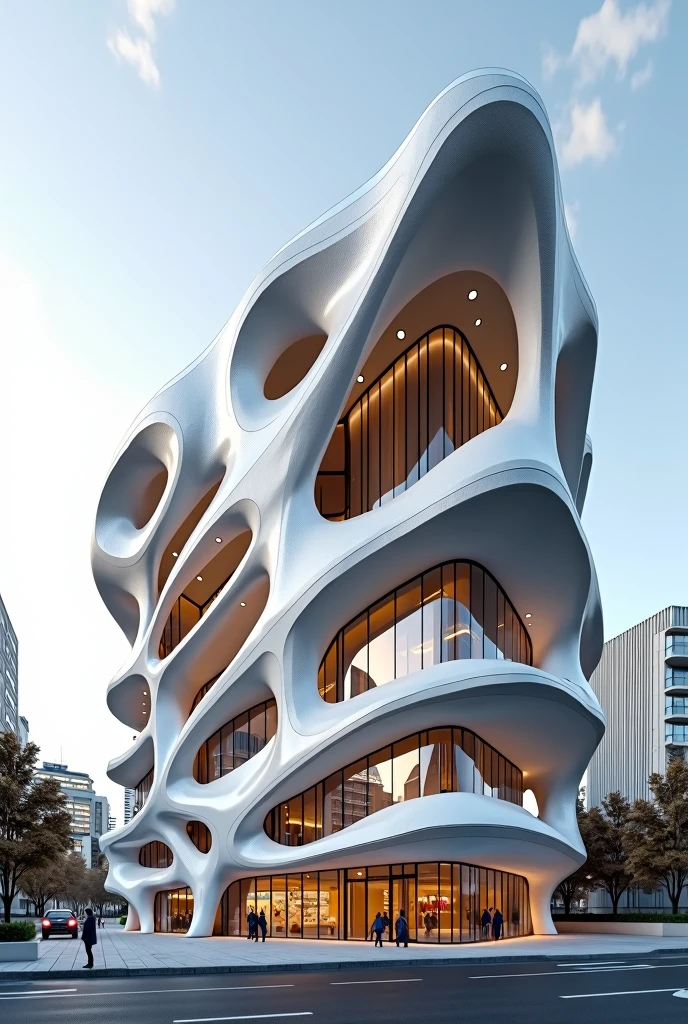 Create me an architectural extrior of a building that is like zaha hadid works