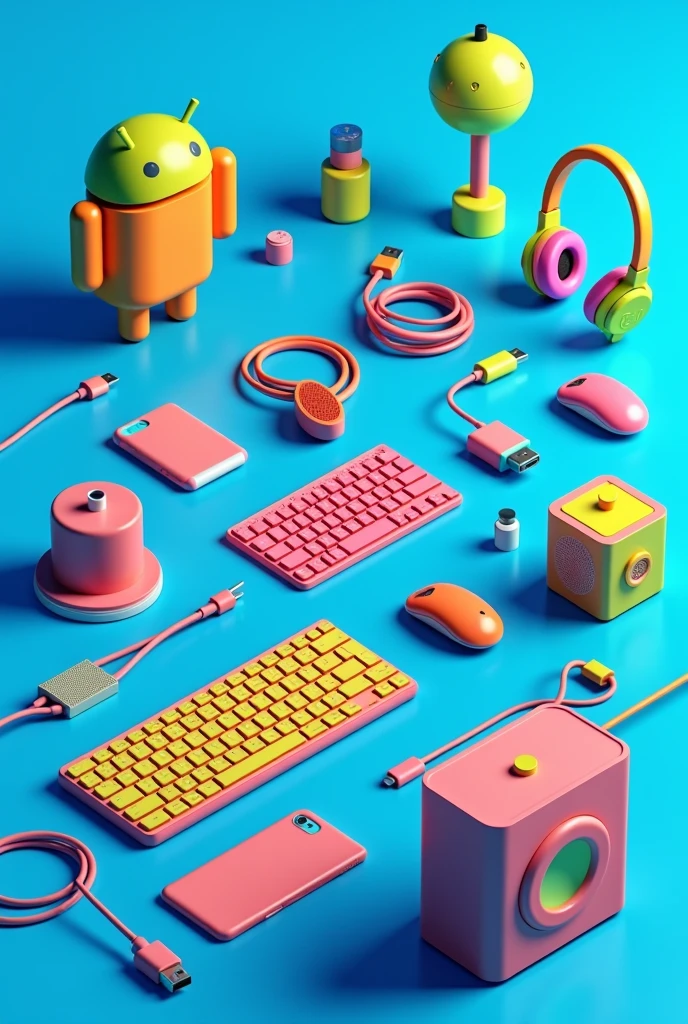 brightly colored image that has phone accessories, such as chargers, USB cables, headphones, keyboards, mice, speakers, phone cases, laptop cooling trays, in a blue tone and that everything is related to Android and that is not so realistic