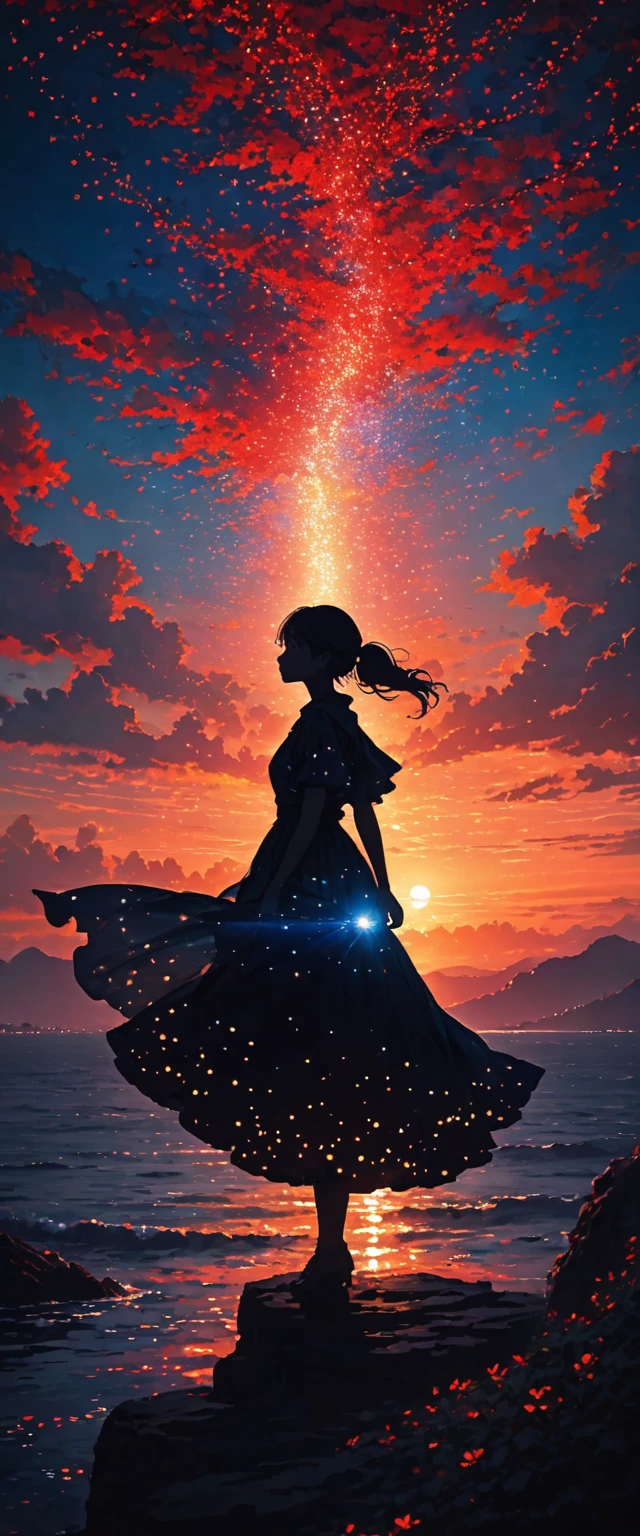 The image depicts a silhouette of a person standing against a stunning sunset background. The sky changes from a deep red near the horizon to a deep blue as it ascends. The person appears to be enveloped in a series of tiny glowing fairy lights, some of which are illuminated, creating a stunning and captivating contrast to the dark silhouette. The person appears to be holding out one arm, perhaps adjusting to or interacting with the lights. The overall mood of the image is peaceful and magical.