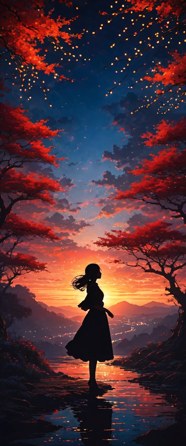 The image depicts a silhouette of a person standing against a stunning sunset background. The sky changes from a deep red near the horizon to a deep blue as it ascends. The person appears to be enveloped in a series of tiny glowing fairy lights, some of which are illuminated, creating a stunning and captivating contrast to the dark silhouette. The person appears to be holding out one arm, perhaps adjusting to or interacting with the lights. The overall mood of the image is peaceful and magical.