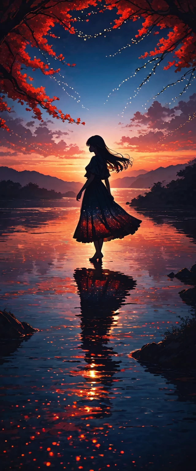 The image depicts a silhouette of a person standing against a stunning sunset background. The sky changes from a deep red near the horizon to a deep blue as it ascends. The person appears to be enveloped in a series of tiny glowing fairy lights, some of which are illuminated, creating a stunning and captivating contrast to the dark silhouette. The person appears to be holding out one arm, perhaps adjusting to or interacting with the lights. The overall mood of the image is peaceful and magical.