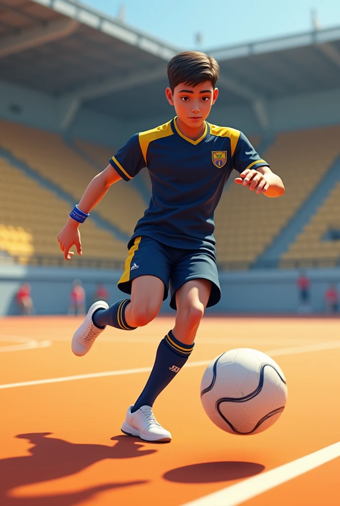 A young man of about kicking a ball. He is on an open-air futsal court. The court floor is orange with white lines. Her skin is white and her hair is black and straight. His shirt is navy blue and has a yellow stripe on the sleeves and at belly level.. His shorts are navy blue and his socks are halfway up his shin and are completely white.. He wears white futsal shoes and has a blue bracelet on his arm..