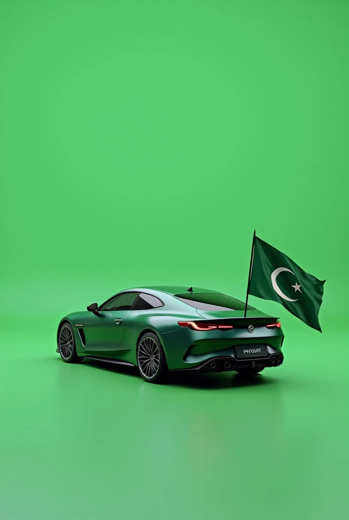 "A beautifully designed car positioned straight, at a perfect 0-degree angle, on a green screen background. The car is sleek and elegant, with modern lines. Attached to the back of the car is a plain flag that waves gently, displaying the words 'Islam Zindabad' in bold, clear script. The image is clean and precise, with the green screen allowing for easy customization or editing."