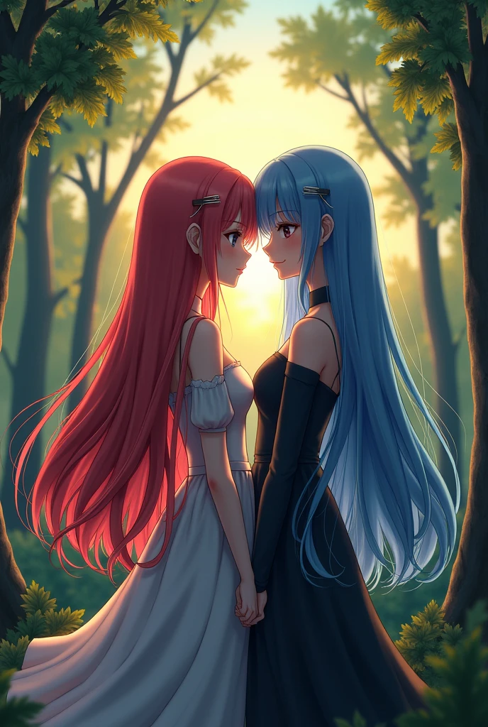Ram and Rem anime, sexy, , the forest, twilight, girl on the right red hair, girl on the left blue hair, , Long Folos, hair pins