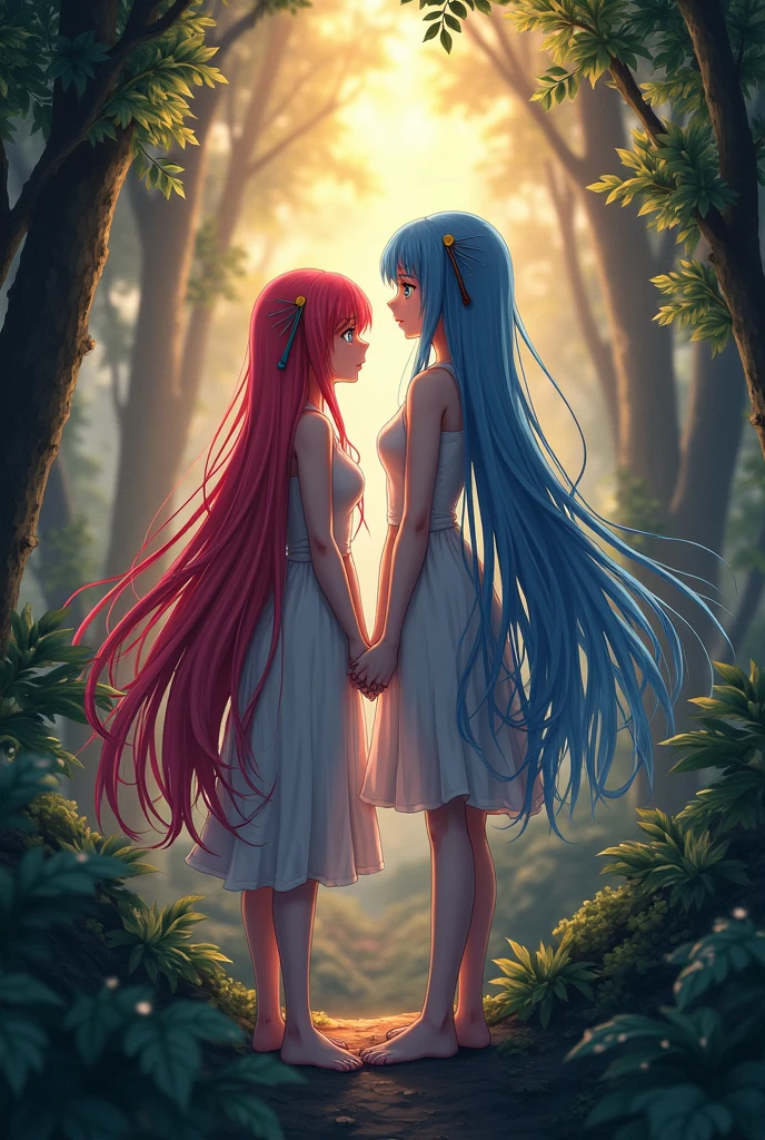 Ram and Rem anime, sexy, , the forest, twilight, girl on the right red hair, girl on the left blue hair, , Long Folos, hair pins