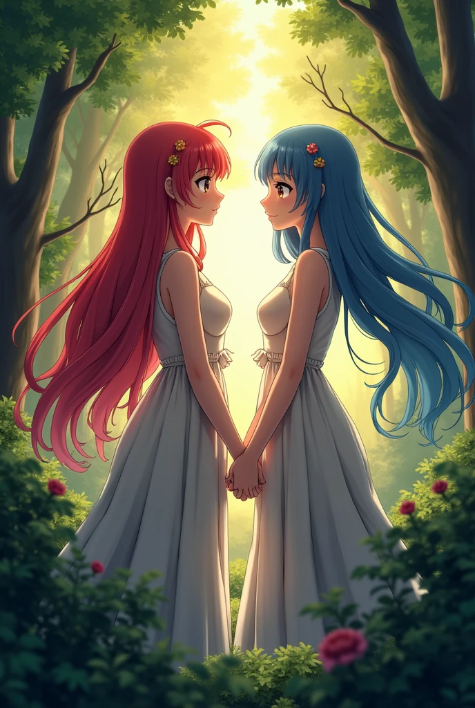 Ram and Rem anime, sexy, , the forest, twilight, girl on the right red hair, girl on the left blue hair, , Long Folos, hair pins