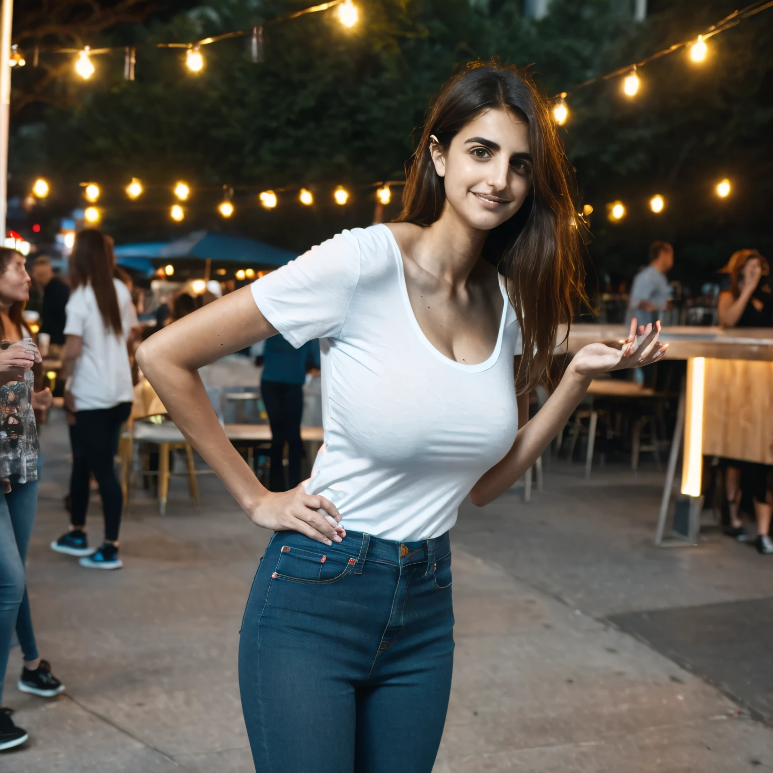 (wide angle), (angled view), (full body view), (evening), (young tall Penelope Cruz aged 18), candid, (looking to the side), ((extremely tall college student)), walking through a trendy outdoor beer garden in New York City in a large crowd, fairie lights, dimly lit, ((slim)), ((arafed)), ((skinny)), weathered wooden tables, bright eyes, casual, cute, (nighttime), dark, symmetric eyes, tall beer glass, beers, busy, many diverse people, symmetric breasts, (tucked-in short-sleeved scoop-neck blouse), (stretched fabric), (plain sneakers), (cleavage), ((skindentation)), plain jeans, (long full very wavy dark auburn hair), (bangs), ((very long hair)), (jumbo huge colossal gigantic breasts), (bursting breasts)