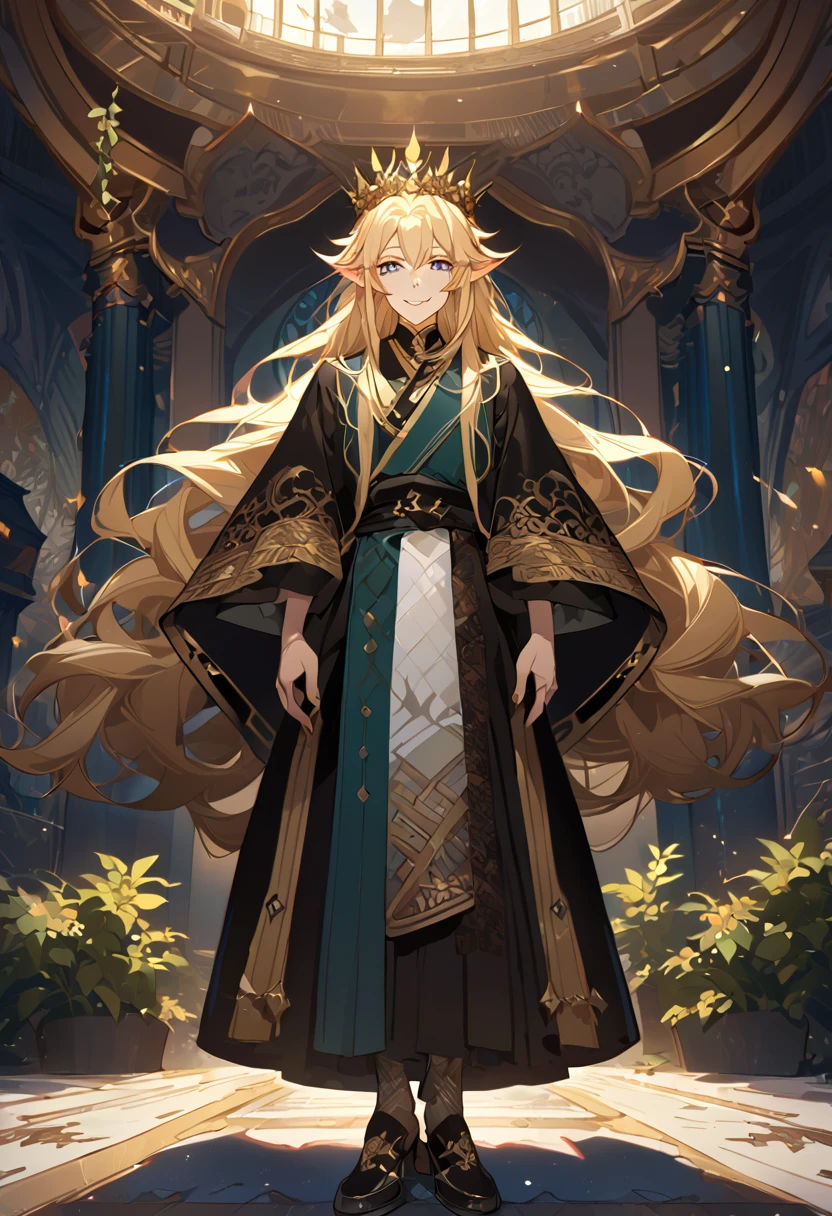 masterpiece, best quality, 8k ,4k , 1male, elf King, Golden Blond, Blue greenish eyes, gold wreath crown, hair ornament, long hair, finely detailed eyes and detailed face, looking at viewer, black sleeveless, half robe, patterned clothes, gold embroidery clothes, meticulous clothes, mature clothe, majestic looks, smiling gently, small bird, full body, inspired by Asukaziye artist : ask, art style : ask