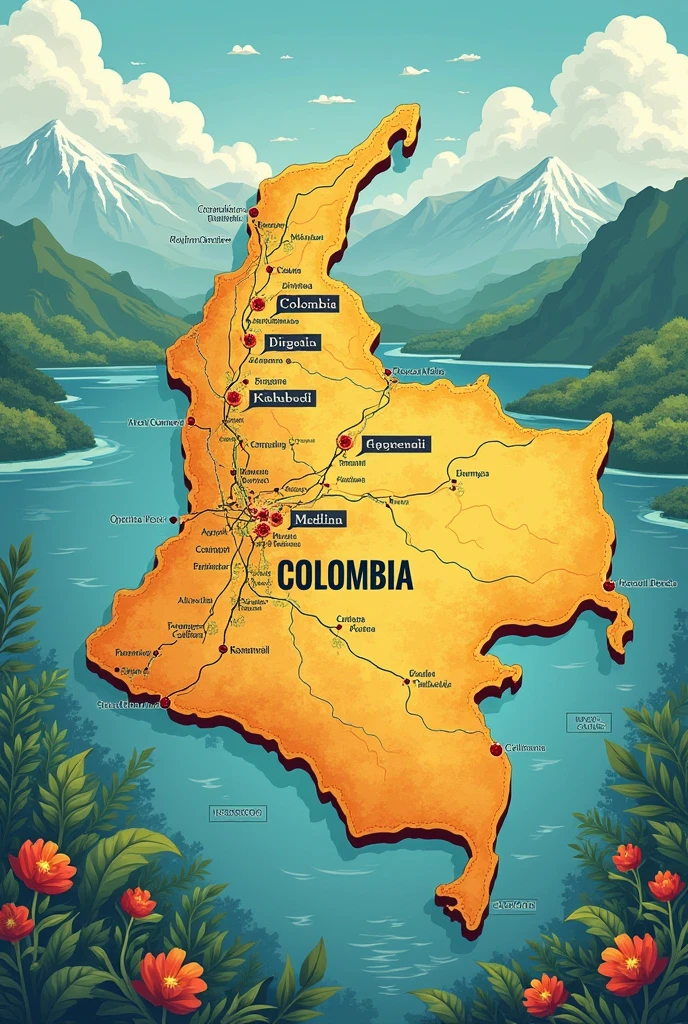 Can you show me a map of Colombia?, marking the cities, bogota, Cali and Medellin (make a picture)