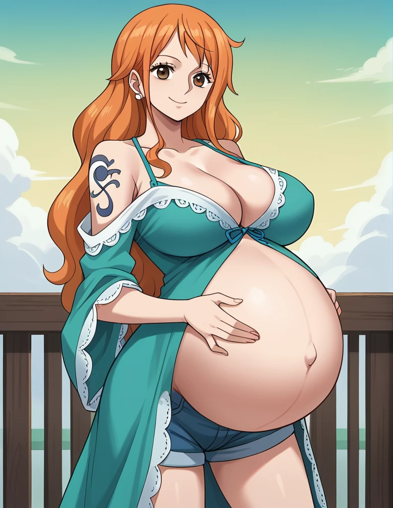 score_9, score_8_up, score_7_up, source_anime, best quality, clear face, 1girl, nami, NAAmi, orange hair, blue eyes, large breasts, lace robe, maternity robe, shorts, cleavage, smile, looking at viewer, sky, standing, pregnant belly, huge belly, belly expossed, pircing