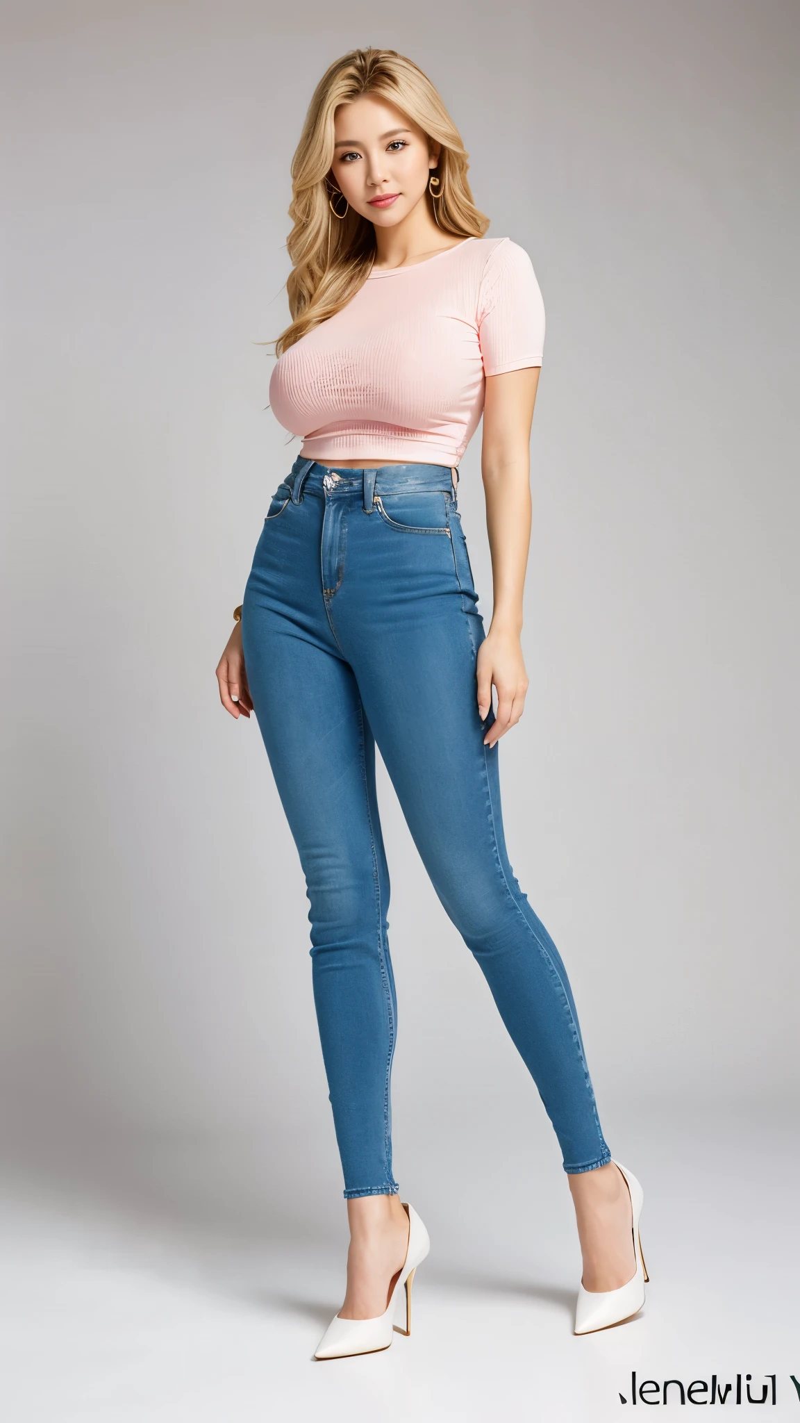 A sexy korean woman, long flowy blonde hair, glossy lips, plump body, long legs, heavy breasts, giant breasts, huge breasts, massive breasts, juicy breasts, succulent breasts, enormous breasts, braless, wearing casual white tight shirt with rounded-neck jersey short-sleeve, pink legging pants, high heels, stilettos, full body, standing on the floor, detailed body, at photo studio, white backdrop, dynamic light, 8K, masterpiece, ultra detailed, professional studio lighting.