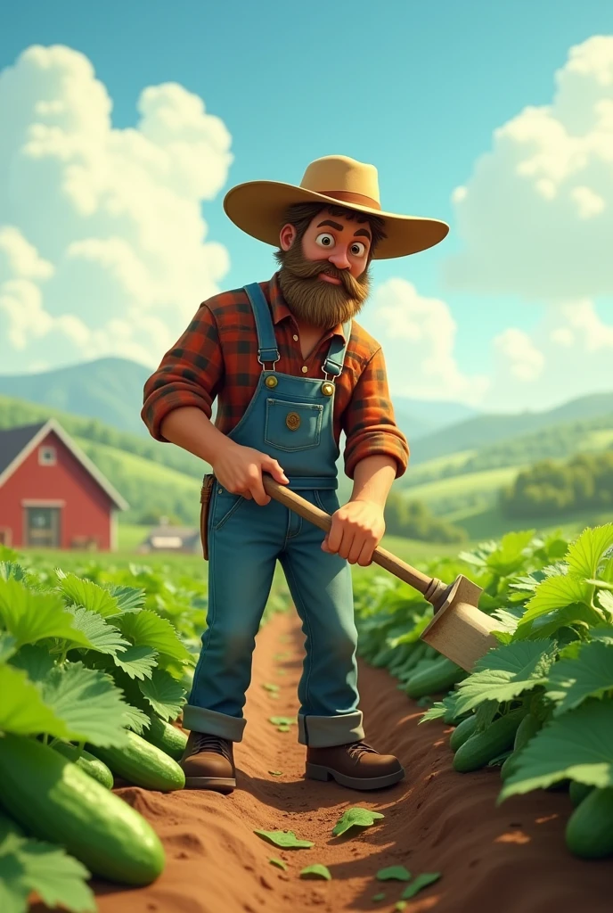 Create a realistic and cinematic AI cartoon farmer hoeing in a cucumber garden