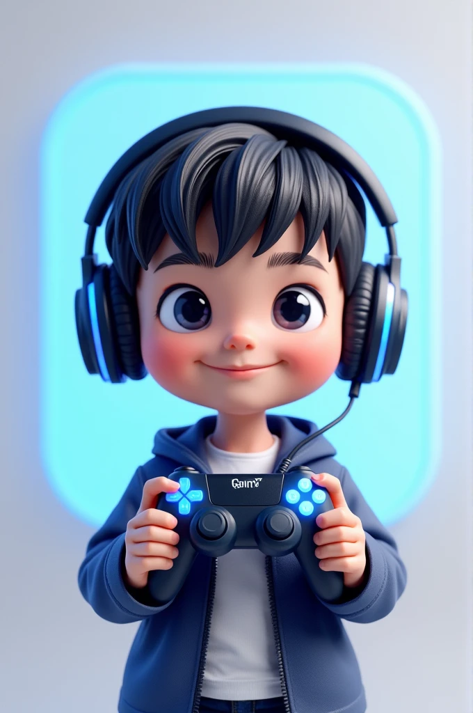 Create a 3D illusion for a gaming logo the boy with headphones holding a gaming remote and looking so cute, video game avatar features the name “ 『R͜͡ 么 V Ξ N』 ” in a realistic font with blue colour and create realistic image
