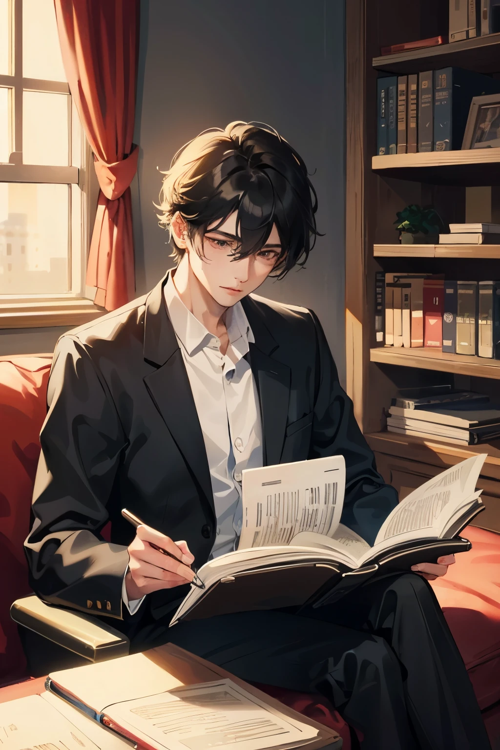 Night，Black-haired man，Leisurely service，Reading，shadow
