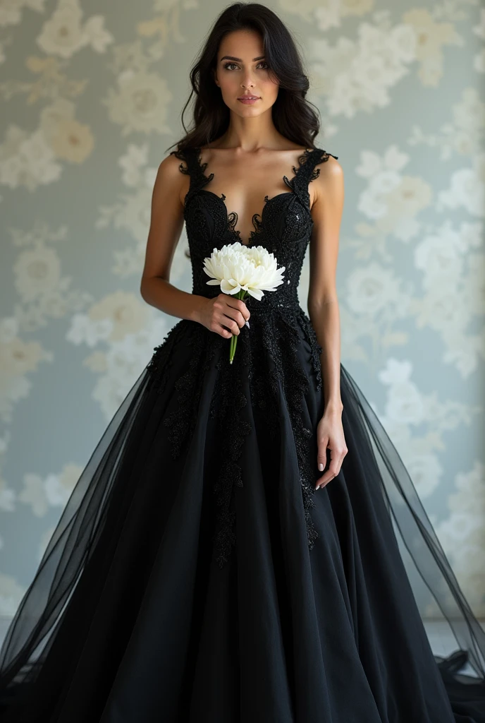Beautiful bride with fancy black wedding dress holding white flower