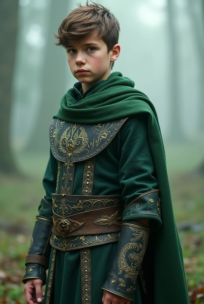 Boy around 15, ((( Green + black outfit) Norse warriors clothes,Short brown hair, detailed face, detailed brown beautiful eyes,  full body pic , warrior clothing(intricate:1.3), (arcane aura:1.2), (dreamlike:1.3), (subtle mist:1.1),(vibrant colors:1.2), (detailed hair:1.3), (ultra realistic details:1.5)