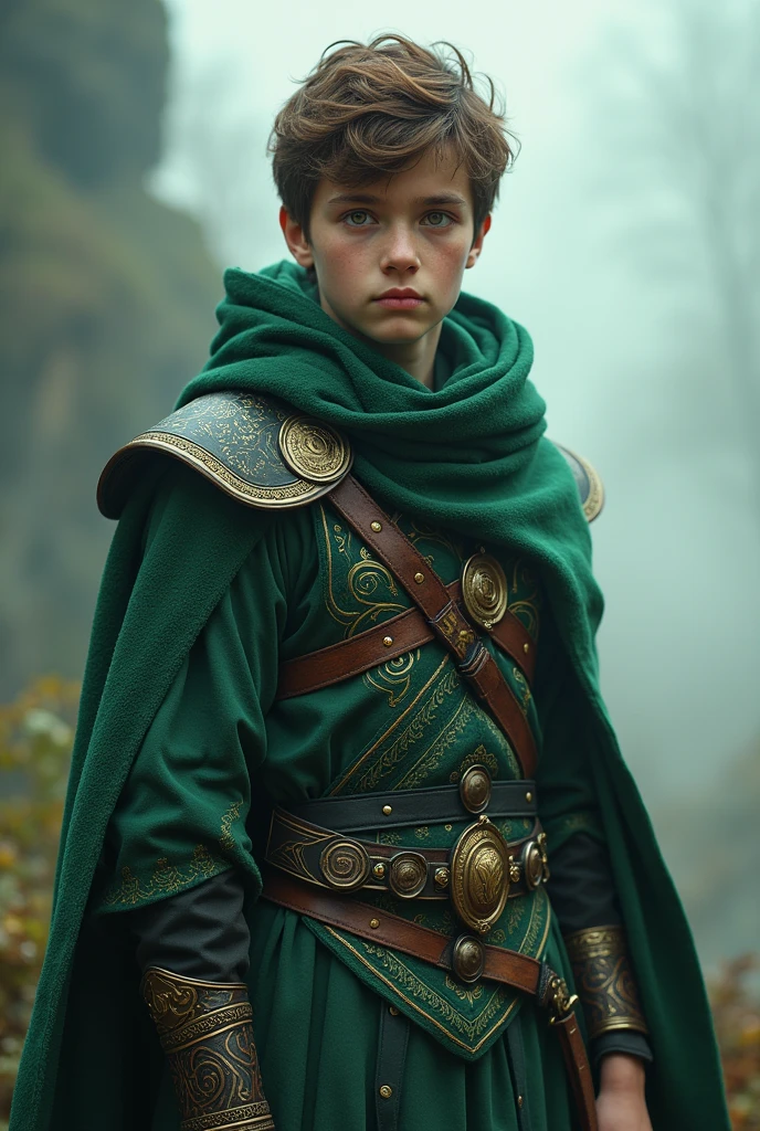 Boy , ((( Green + black outfit) Norse warriors clothes,Short brown hair, detailed face, detailed brown beautiful eyes, full body pic , warrior clothing(intricate:1.3), (arcane aura:1.2), (dreamlike:1.3), (subtle mist:1.1),(vibrant colors:1.2), (detailed hair:1.3), (ultra realistic details:1.5)