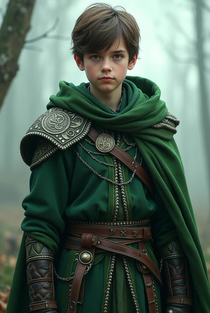 Boy , ((( Green + black outfit) Norse warriors clothes,Short brown hair, detailed face, detailed brown beautiful eyes,  full body pic , warrior clothing(intricate:1.3), (arcane aura:1.2), (dreamlike:1.3), (subtle mist:1.1),(vibrant colors:1.2), (detailed hair:1.3), (ultra realistic details:1.5)