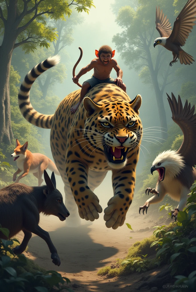 Make a picture of a small monkey riding a jaguar fighting a fox,a bat,a goat and an eagle with maximum fidelity
