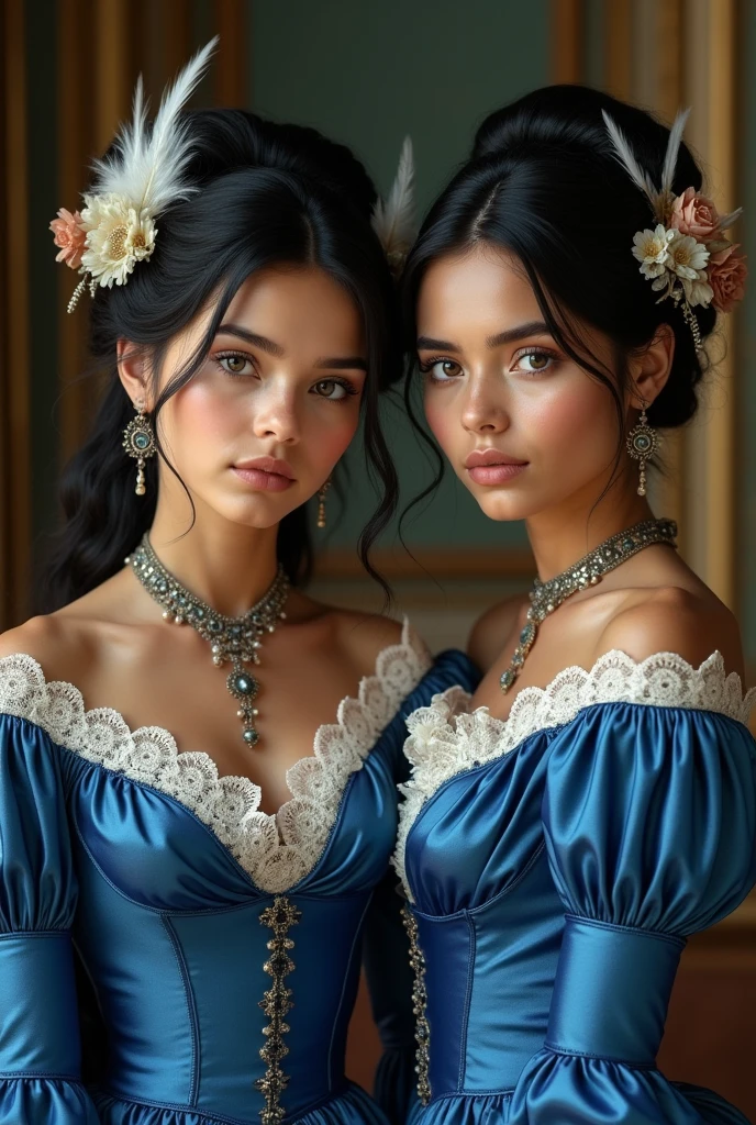 a 2 girl, of royal blood on his father's side and Apache and English on his mother's side, She is the personification of mestizo beauty. With light, slightly tanned skin, Her intense blue eyes stand out on her delicate oval face., while her straight black hair in a beautiful Victorian hairstyle She wears an elegant Victorian dress from 1871, Made of deep blue silk with white lace details, Tightly fitted to her figure by a corset, which highlights her large breasts and slender waist and is adorned with ruffles and ribbons on the wide skirt.. A small hat in keeping with the era and a hairstyle decorated with feathers and flowers complete her look., Combining the dignity of his royal lineage with the inner strength of his Apache heritage.