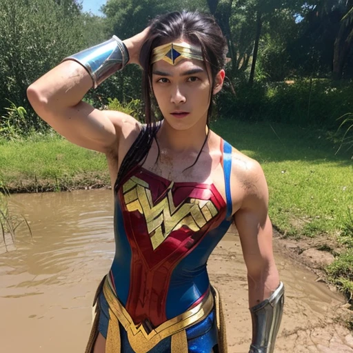 1 person, Wonder Woman costume, handsome young man, 1, tall, ponytail, shiny blonde hair, piercing eyes, body covered in mud