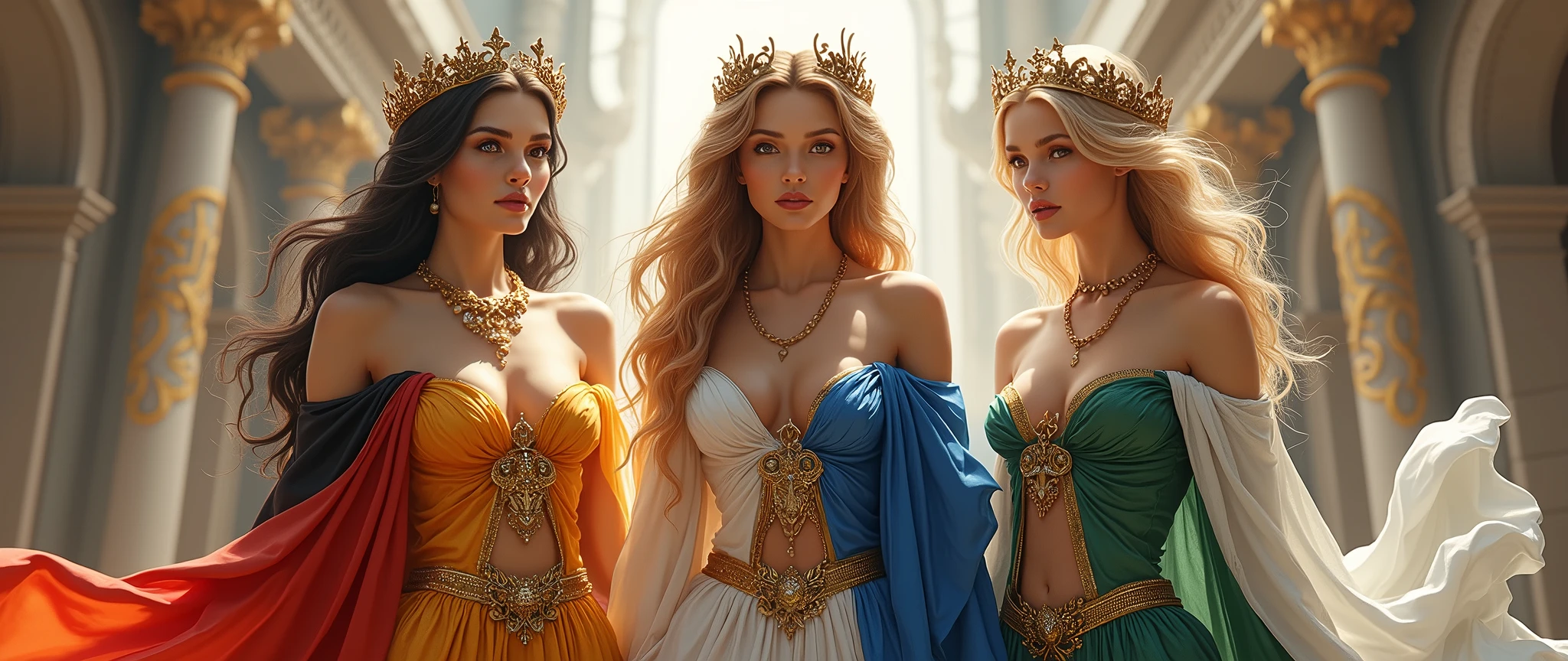 Beautiful Goddess Sisters, whole body, A German goddess dressed in a costume based on the German flag, A French goddess dressed in a costume based on the French flag, Italian goddess dressed in Italian-inspired costume
