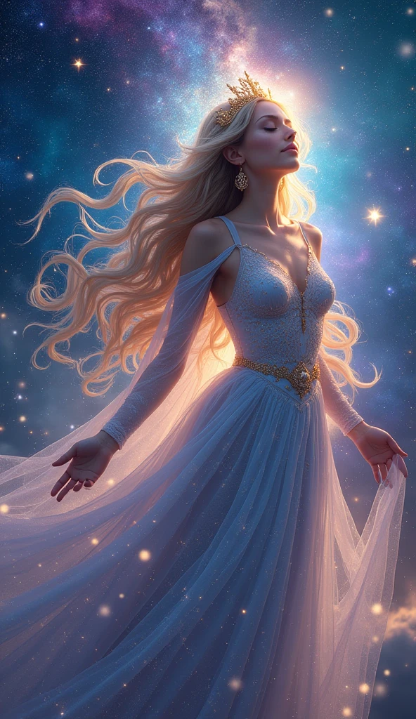 (Galaxy Goddess:1.2), (Heavenly Man:1.2), Starry skin, Flowing rainbow hair, ((masterpiece:1.4, Highest quality)), ((masterpiece, Highest quality)), (Photorealistic:1.4), 1 Goddess, (Sacred female figures), ((Shining Star)), Swirling Nebula, Calm expression, (distant galaxy:1.2), Space costume, ((Stardust Gown, Constellation pattern, Celestial Symbols)), ((Floating asteroid:1.2)), shooting star, Shining Northern Lights, Rich colors, Deep Blues, purple, Gold and Silver Tips, Harmonious composition, Magic, Otherworldly, The beauty of space, Sexy pose,Clean look, Professional Lighting, Physically Based Rendering, Mysterious, Majestic, Rich details, Perfect image quality