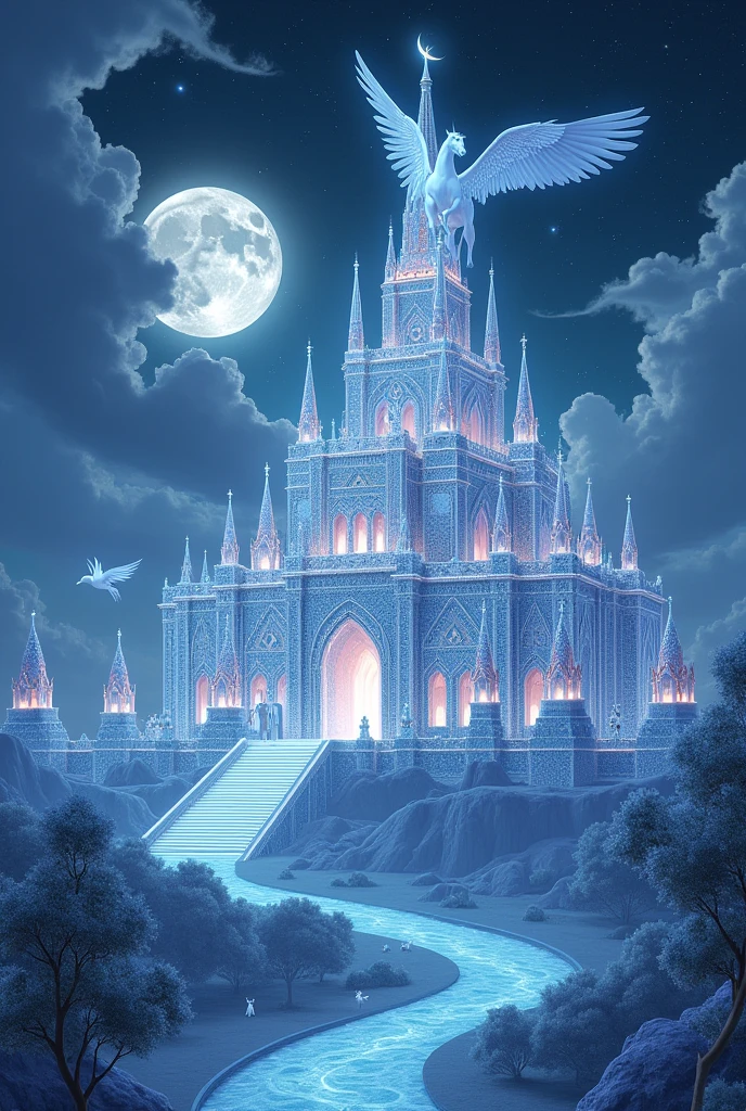 Extremely big Heaven Palace in a big area made of diamonds and in front of this palace a flying horse besides it . And a full moon is giving light small angels are walking around . And in front of this palace a river of fresh water is flowing