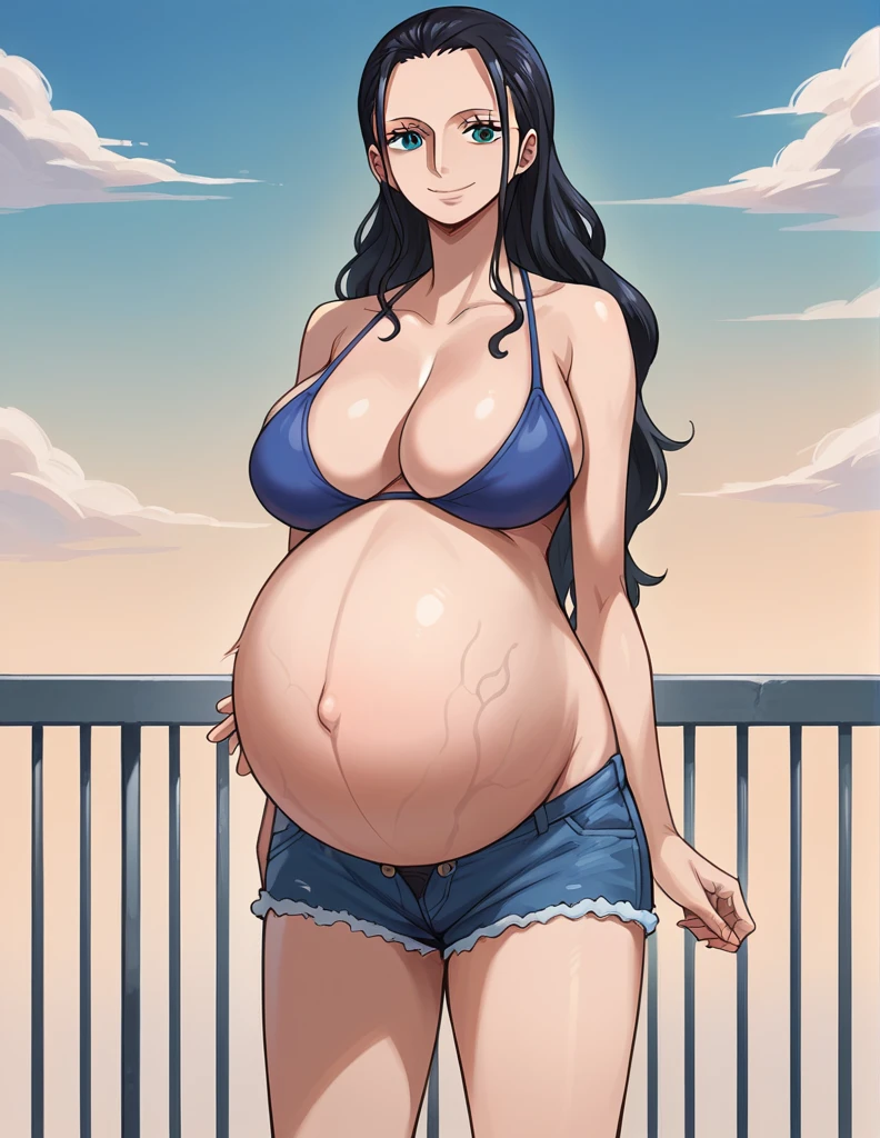 score_9, score_8_up, score_7_up, source_anime, best quality, clear face, 1girl, Nico Robin, black hair, long hair, blue eyes, large breasts, bikini, shorts, cleavage, smile, looking at viewer, sky, standing, pregnant belly, huge belly, belly