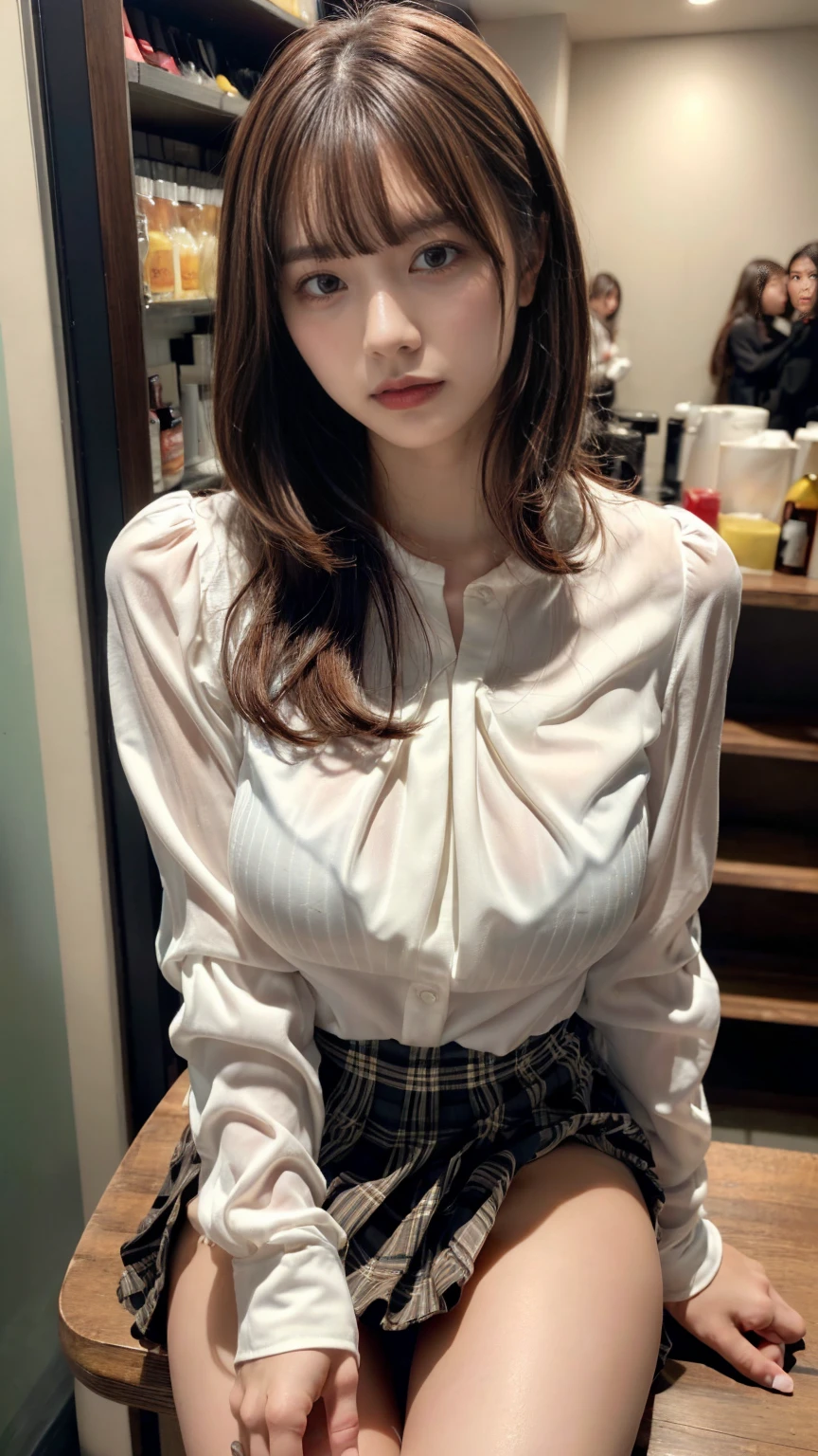 ((Wavy Shorthair))、Long bangs、Cafe Background、(tmasterpiece、top-quality、in 8K、32K、​masterpiece、nffsw、ultra gigantic tits、超A high resolution、Impresionismo、Photorealsitic:1.2)、cowboy  shot、foco nítido、Beautiful face with detailed face and eyelid background、blue open sky、shinny skin、Sharp pupils、Realistic eyes and beautiful face、blurry backround、1 beautiful girl、shinny skin、(((beautiful brown hair)))、Black eyes、(((White blouse with long sleeves)))、(((plaid pleated skirt)))、(Knee-length skirt、I see a very small white scanti:1.45)、thighs thighs thighs thighs、Curve、Dynamic Poses、Powerful composition、((Melancholy look))、((A look of contempt))、((Glaring at the viewer))、Sweating、((Brown hair))、Lace panties、((Sauce order))、(small mouth)、skirt rift、((Grabbing the skirt))、Panties with sexy design
