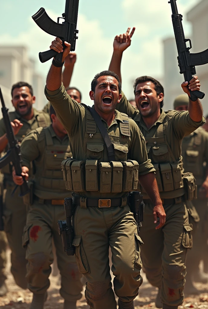 The joy of the Palestinian forces when they defeated Israel with tired and sweaty faces as well as bloody bodies