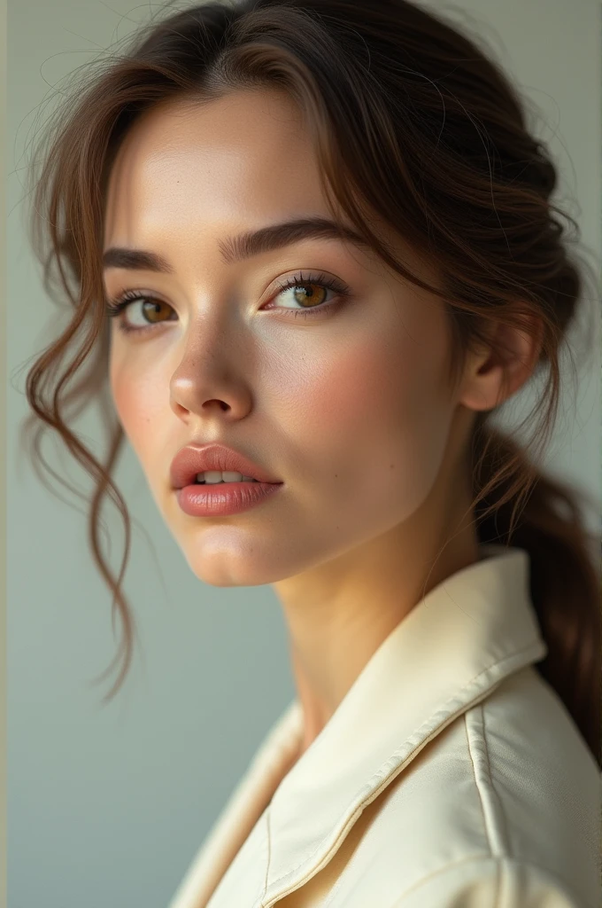 Woman, square face shape, almond eyes, straight eyebrow, straight nose, heart shaped lips, light brown wavy hairs, wearing cream manteau