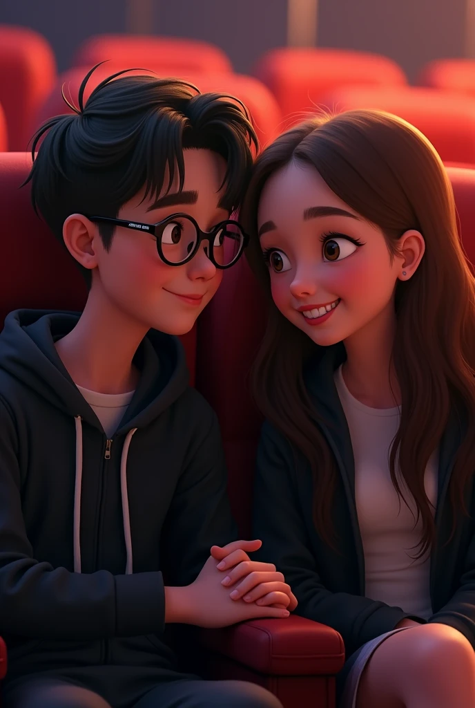 a broad-faced boy, with round lenses, thin lips and a girl together, with brown hair, sitting in a movie theater watching kung fu panda 4, The girl leaves laughing while trying to shake the boy's hand, They are a couple of lovers looking at each other out of the corner of their eyes, the girl without glasses, girl black hoodie and boy black t-shirt