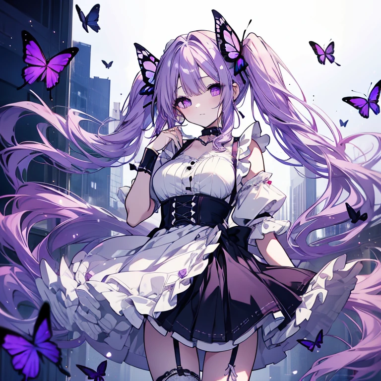 1 girl、Mature、Ample breasts、Long Hair、Maid clothes、pale purple hair、Curly Hair、Twin tails、garter、Miniskirt、choker、Purple butterfly、High resolution、Highest quality