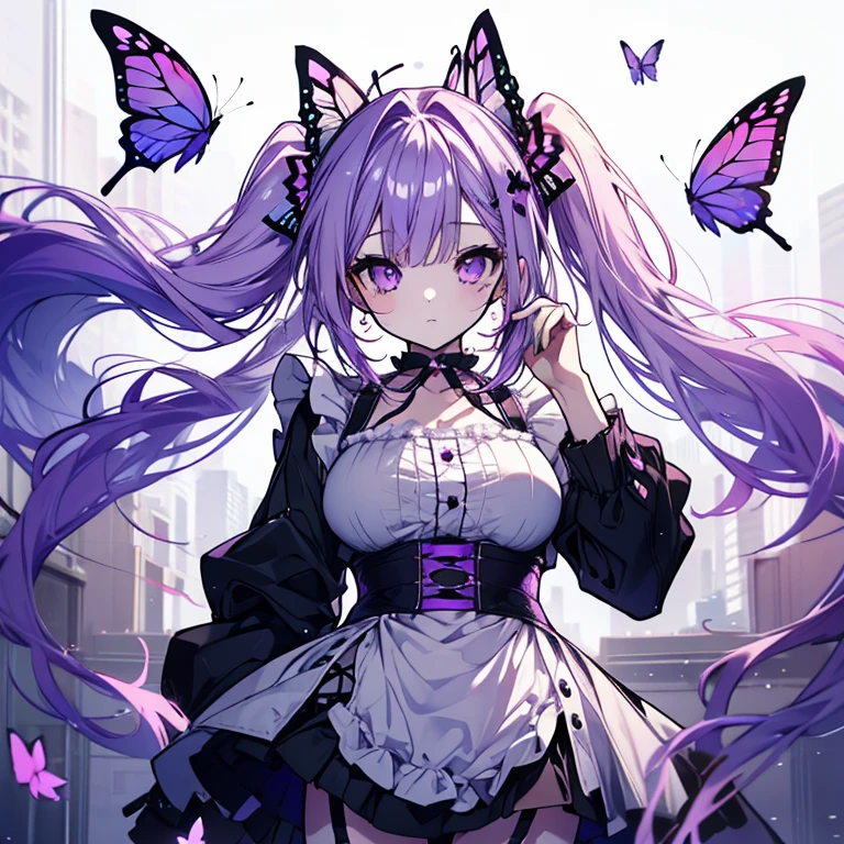 1 girl、Mature、Ample breasts、Long Hair、Maid clothes、pale purple hair、Curly Hair、Twin tails、garter、Miniskirt、choker、Purple butterfly、High resolution、Highest quality