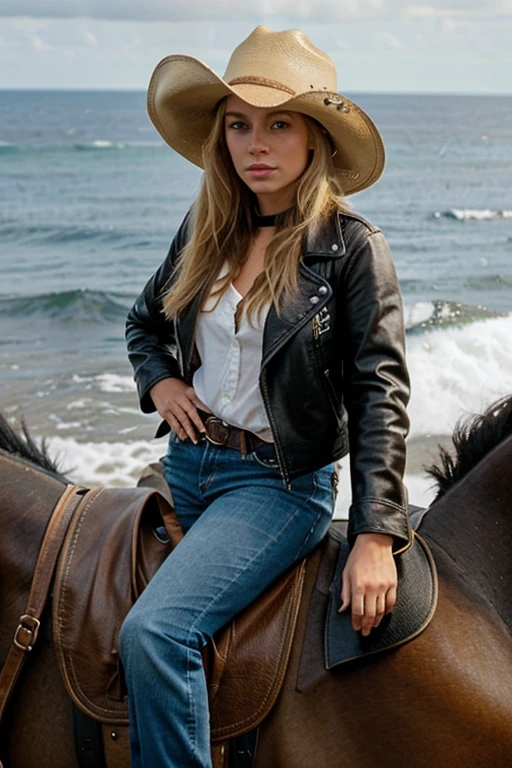 Girl with blond hair, in a cowboy hat, jeans and a leather jacket. Riding a black horse . against the backdrop of the ocean.