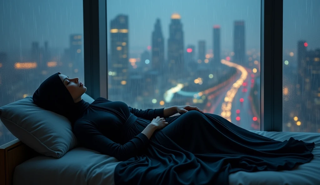 Beautiful woman sleeps, night rain in the glass room, black hijab woman sleeping in rain glass window of high rise building in city at night