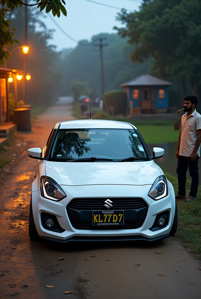 a maruthi suzuki swift white colour modified alloy lower body. the car number plate is KL 77 D 7and a man smoking in road side in village road a warm street light and a mudd road  evening and sunrise a pond in road side a small village tea shop 