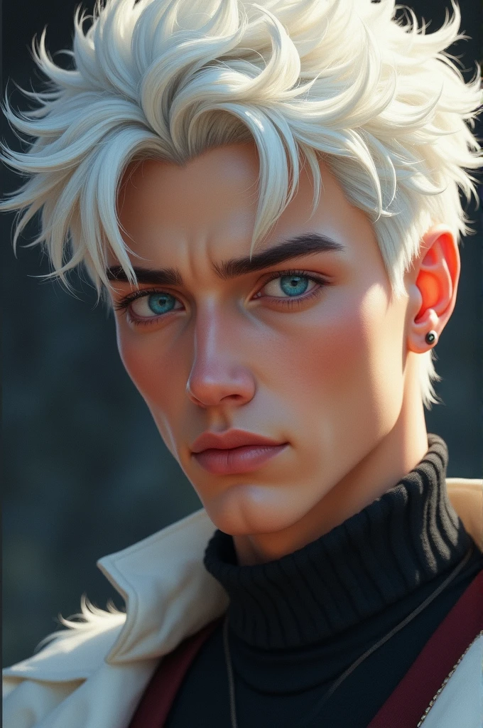 He has fluffy white hair, usually left loose naturally. His face is sharp and handsome, with bright blue eyes.