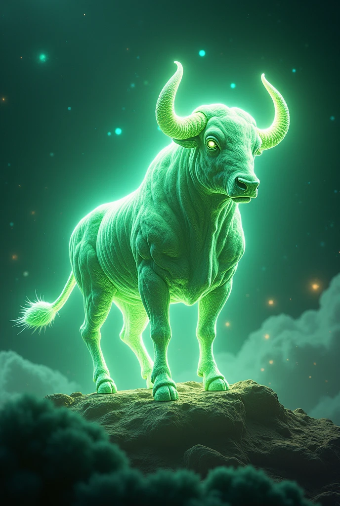 Create an epic image of taurus zodiac sign symbol with light green glowing effects, and set against a cosmic background filled with stars, nebulae, and swirling galaxies.