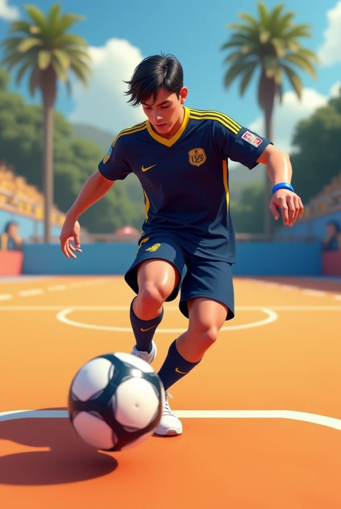 A young man of about  kicking a ball. He is on an open-air futsal court. The court floor is orange with white lines. Her skin is white and her hair is black and straight. His shirt is navy blue and has a yellow stripe on the sleeves and at belly level.. His shorts are navy blue and his socks are halfway up his shin and are completely white.. He wears white futsal shoes and has a blue bracelet on his arm.. 