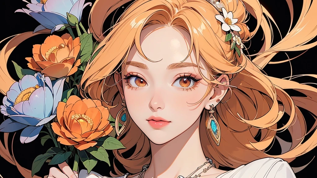 32K, 最高quality, 最高masterpiece, (ultra-Detailed Background, Detailed Background), High resolution, Super detailed, Very detailedな, 1 personの, (bouquet:1.3), (Tangled:1.2), (Geometric:1.2),(colorful),(masterpiece, quality, best quality, Official Art, Beautiful and beautiful:1.2), (1 person:1.3), Very detailed,(colorful:1.1)(Flowers:1.3),Most detailed,(Tangled:1.2), whole body, (Abstract background:1.3), (Skin glows), (Many colors:1.4), ,(Earrings Jewelry:1.5), Pale Orange Background, Gradation, It's imaginative., Flaxen Hair,