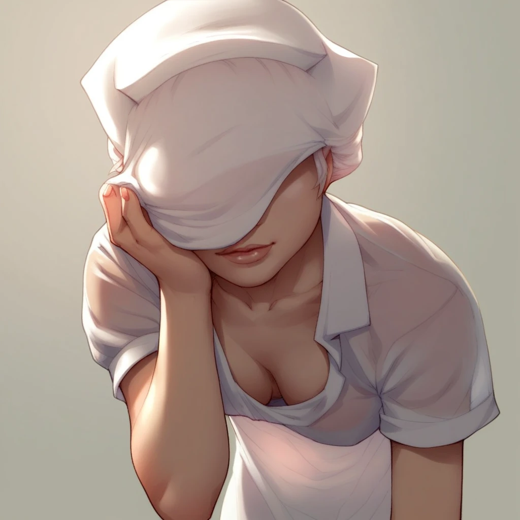 score_9, score_8_up, score_7_up, 1girl, nurse, faceless female, covered face, short sleeves, cleavage, shirt, messy hair, see-through, downblouse, leaning forward,young, breast focus,teen, closeup, portrait, shadow
