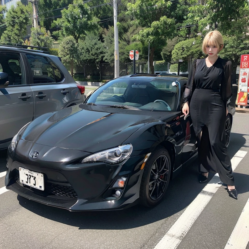Sexy Woman、Big Breasts、Platinum Blonde Hair、Short Hair、Black Dress、Toyota 86